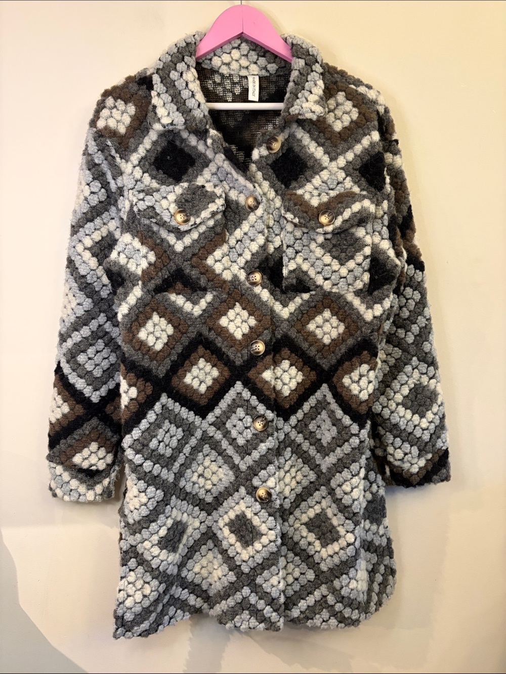 Boutique Shacket Italian Wool Bobble Knit Button Multi Tonal Grey  Fit LARGE